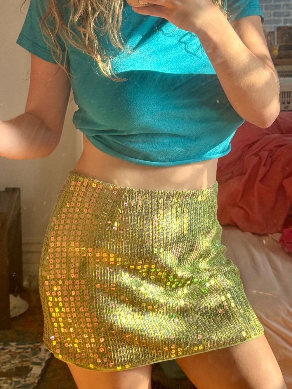 Green Sequin Crochet Mini Skirt | Size M